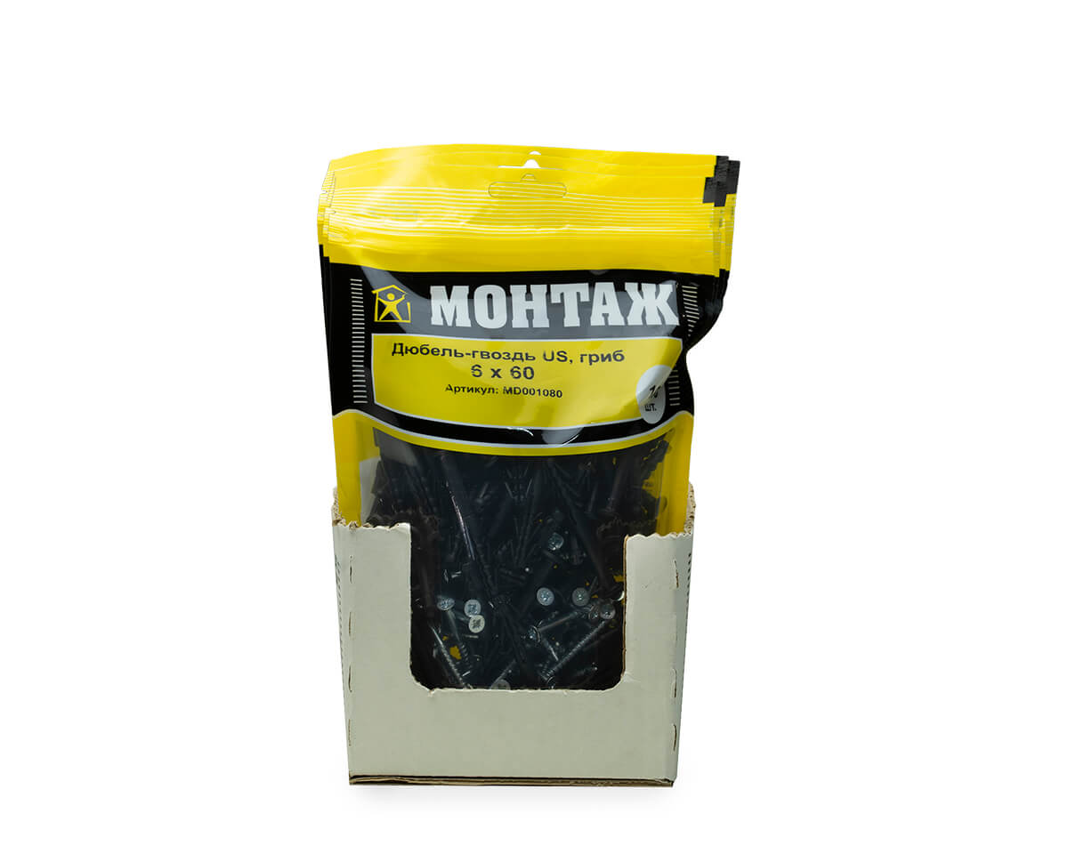 Дюбель-гвоздь US, 6x60 гриб, п/в, МОНТАЖ (дой-пак L/100шт)
