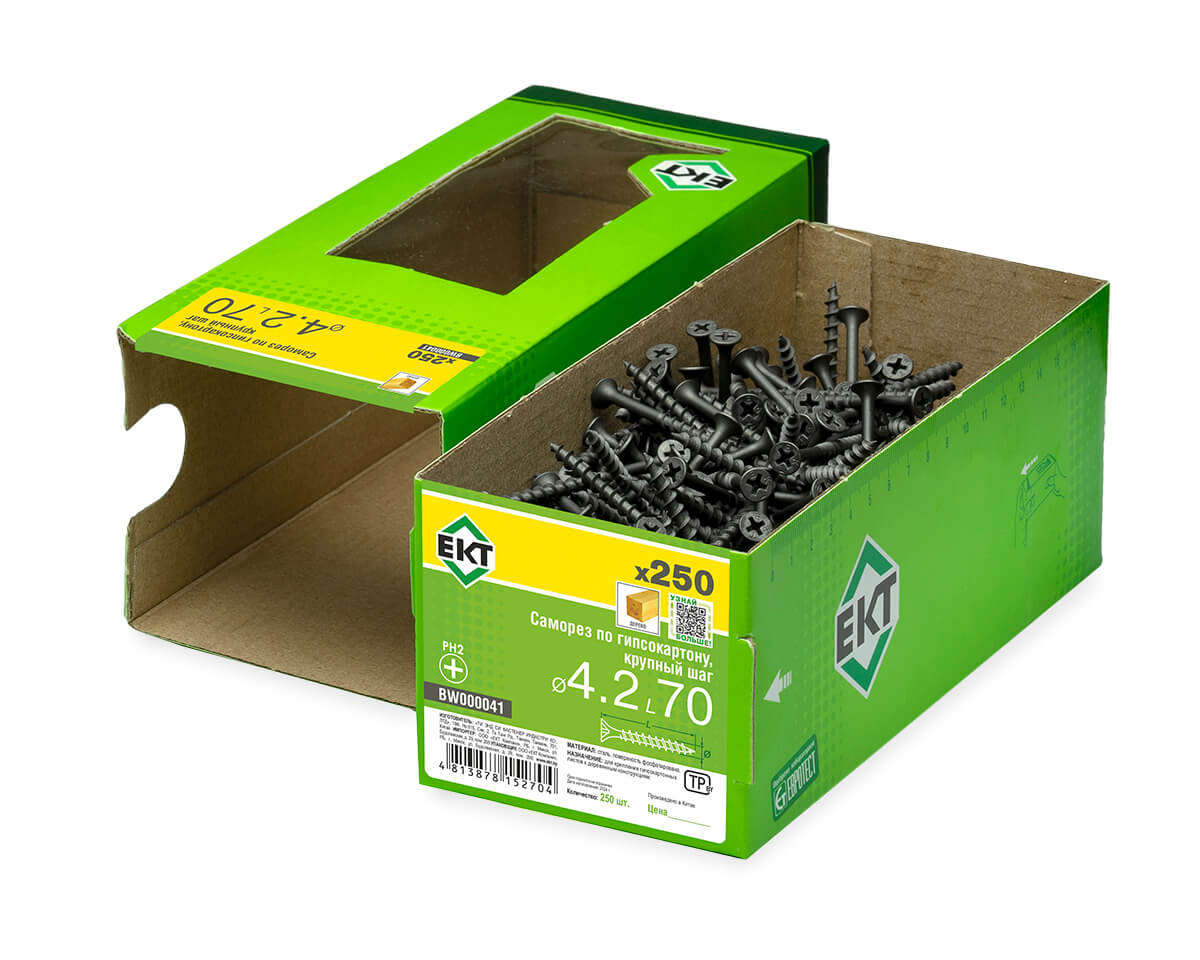 Саморез по ГК 4.2х70 крупный шаг (к дереву), фосфат., в коробке с окном, ЕКТ (упак/250шт)