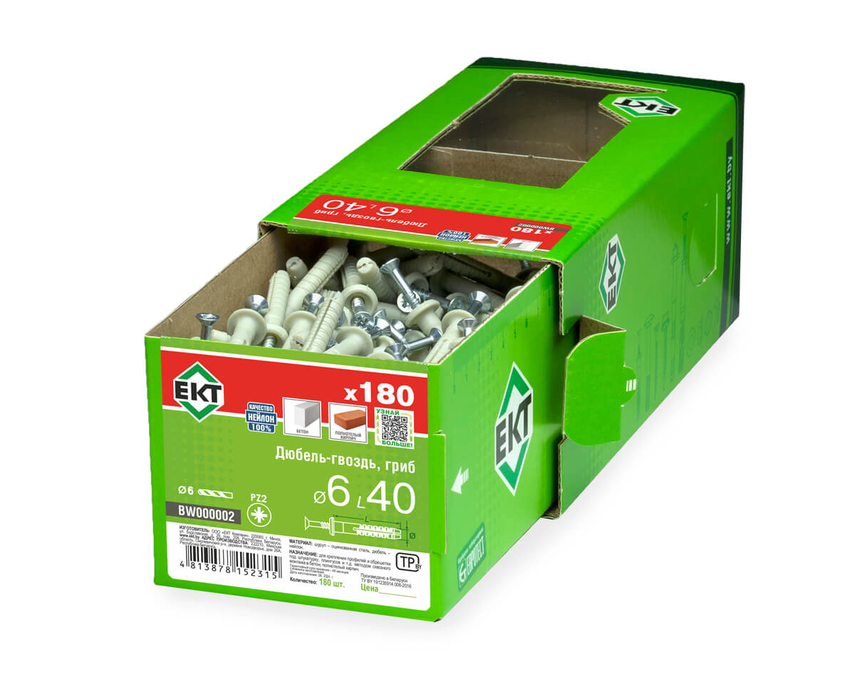 Дюбель-гвоздь GL, 6x40 гриб, нейлон, ЕКТ (кор. с окном/180шт)