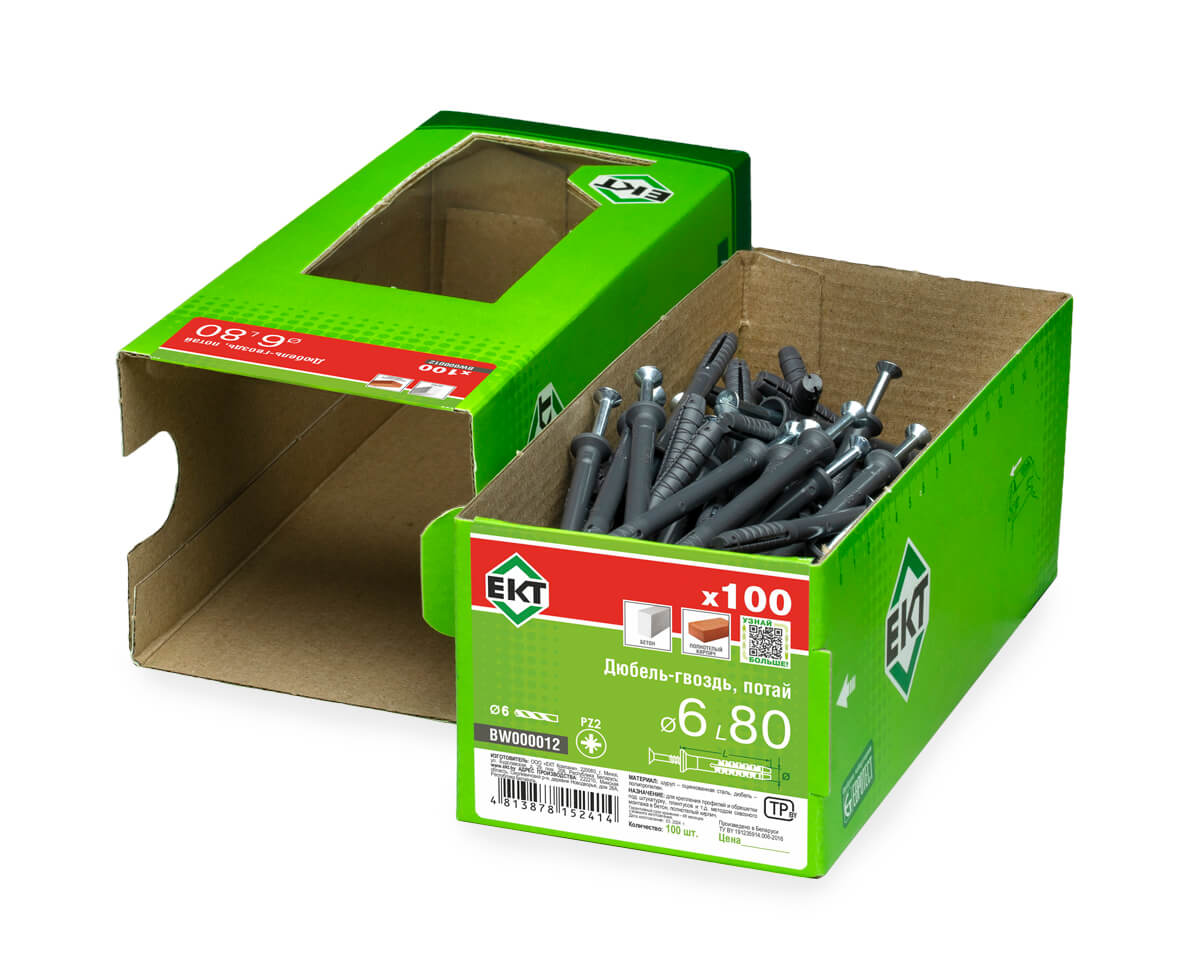 Дюбель-гвоздь GL, 6x80 потай, п/п, ЕКТ (кор. с окном/100шт)
