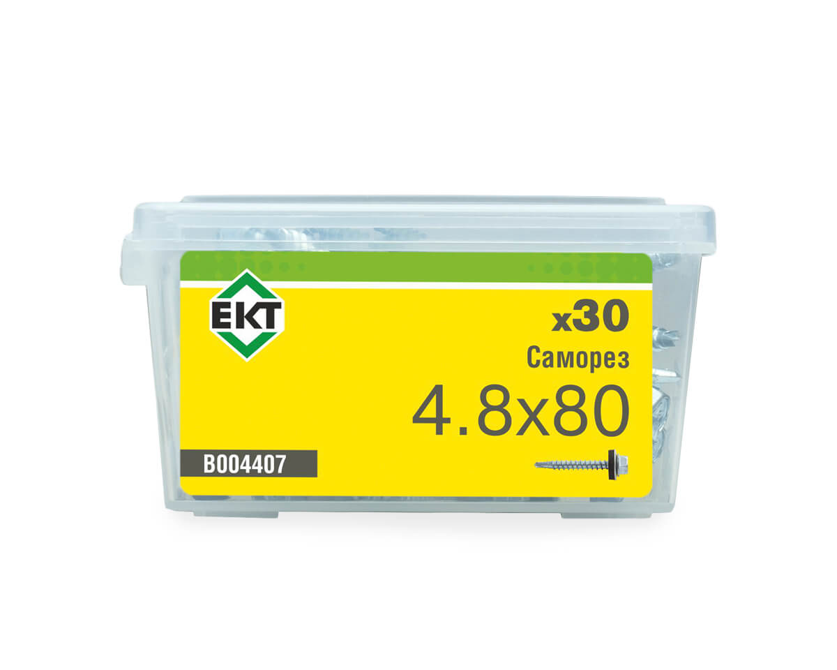 Саморез кровельный 4,8х80 сверло, цинк, с резиновой прокладкой, в пласт. контейнере (упак/30шт)