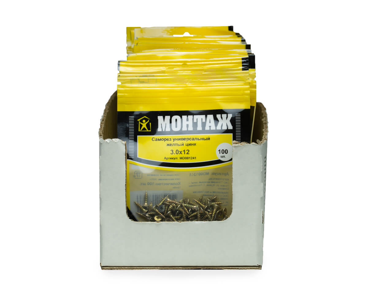 Саморез универсальный 3.0x12, желтый цинк, дой-пак S, МОНТАЖ (пакет/100шт)