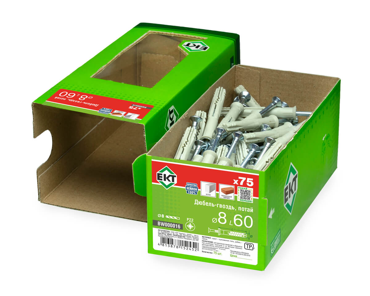 Дюбель-гвоздь GL, 8x60 потай, нейлон, ЕКТ (кор. с окном/75шт)