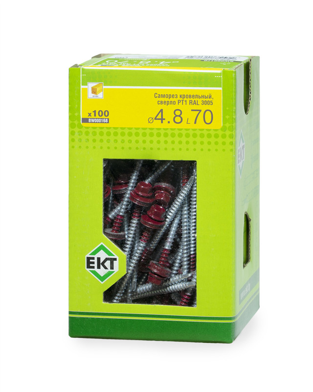 Саморез кровельный с резин. прокл. 4.8х70 сверло PT1, RAL 3005, в коробке с окном, ЕКТ (упак/100шт)