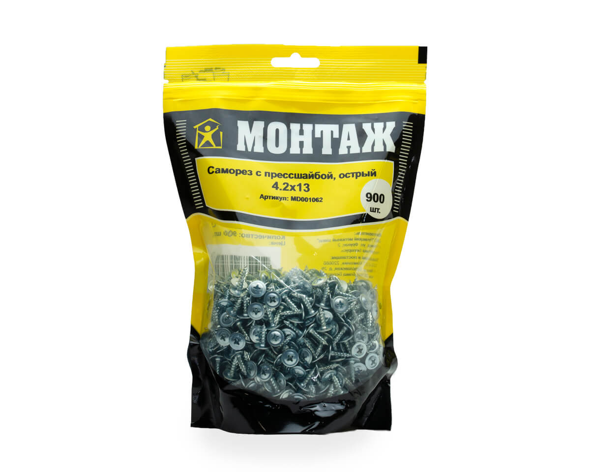 Саморез с прессшайбой 4.2x13, острый, цинк, дой-пак L, МОНТАЖ (пакет/900шт)