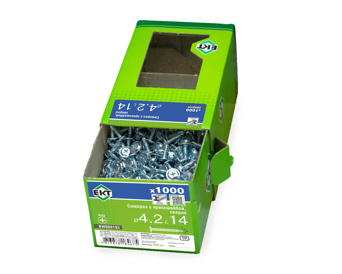 Саморез с прессшайбой, 4.2x14 сверло, цинк, в коробке с окном, ЕКТ (упак/1.000шт)