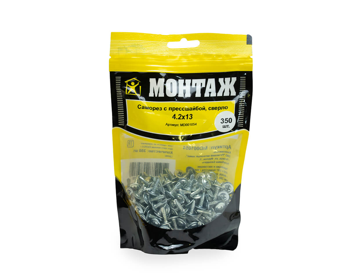 Саморез с прессшайбой 4.2x13, сверло, цинк, дой-пак M, МОНТАЖ (пакет/350шт)