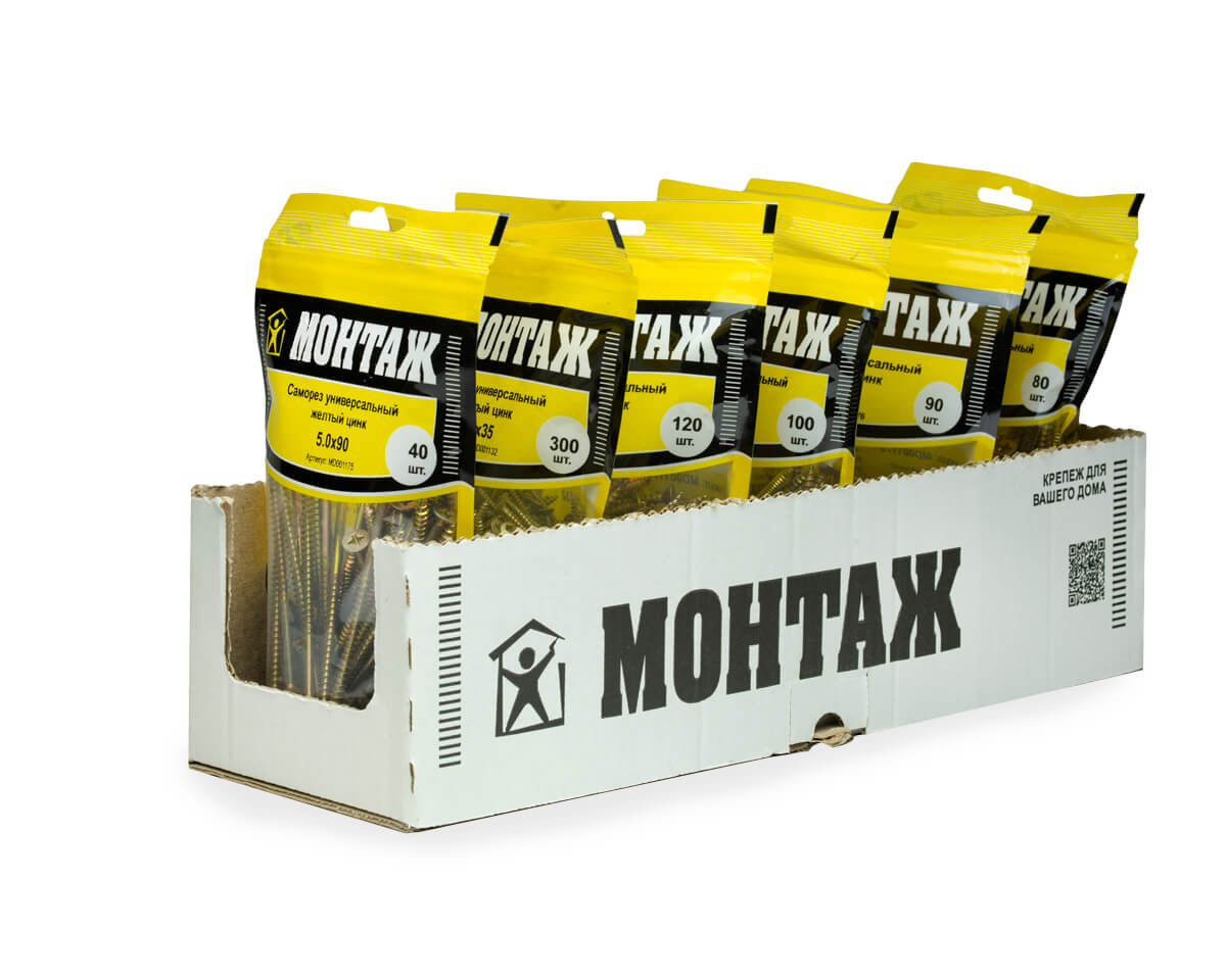 Саморез универсальный 5.0x90, желтый цинк, дой-пак M, МОНТАЖ (пакет/40шт)