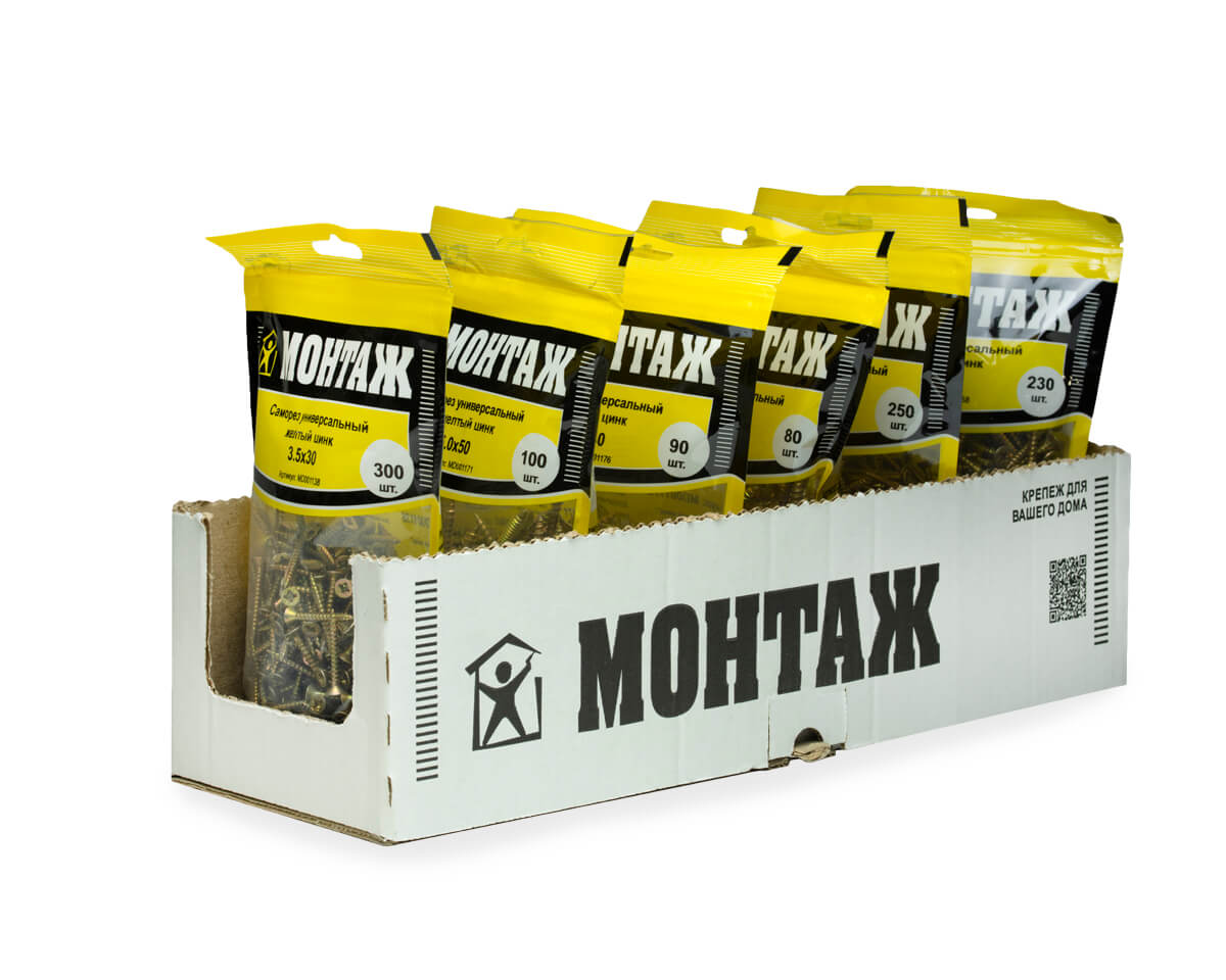 Саморез универсальный 3.5x30, желтый цинк, дой-пак M, МОНТАЖ (пакет/300шт)