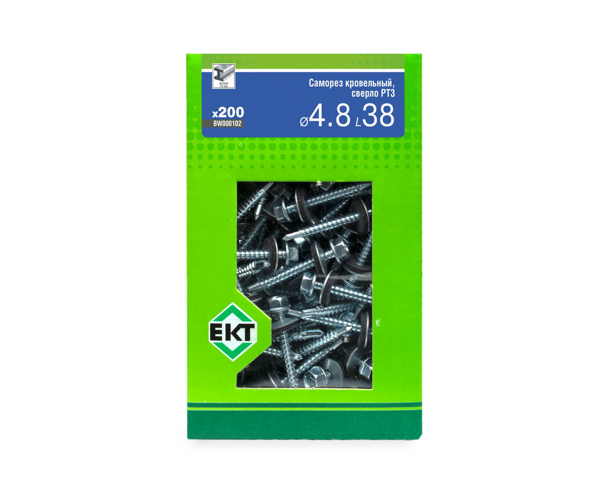Саморез кровельный с резин. прокл. 4.8х38 сверло PT3, цинк, в коробке с окном, ЕКТ (упак/200шт)