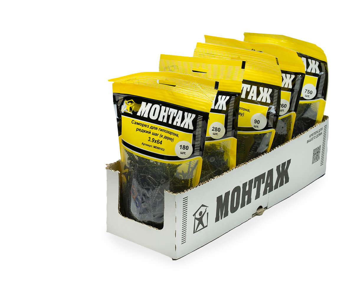 Саморез для гипсокартона 3.9x64, редкий шаг (к дереву), фосфат, дой-пак L, МОНТАЖ (пакет/180шт)