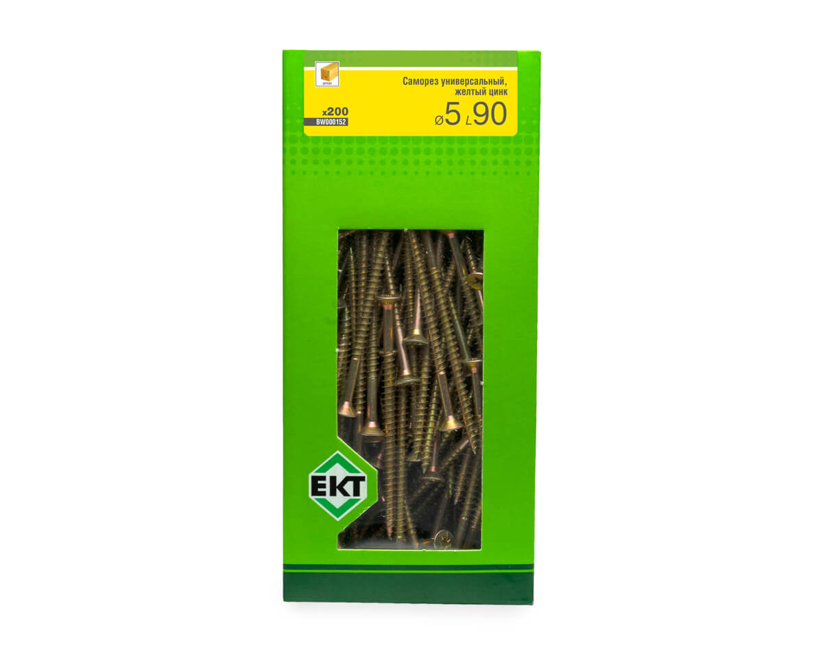 Саморез универсальный 5.0х90, желтый цинк, в коробке с окном, ЕКТ (упак/200шт)