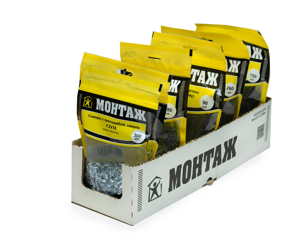 Саморез с прессшайбой 4.2x14, сверло, цинк, дой-пак M, МОНТАЖ (пакет/300шт)