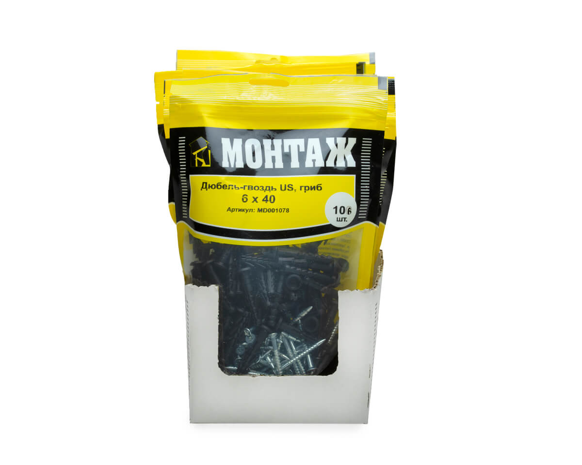 Дюбель-гвоздь US, 6x40 гриб, п/в, МОНТАЖ (дой-пак L/100шт)