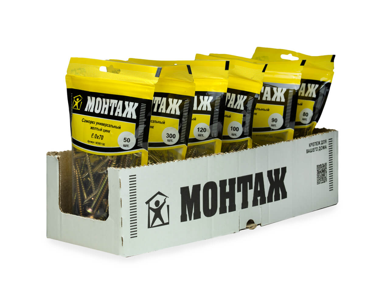 Саморез универсальный 6.0x70, желтый цинк, дой-пак M, МОНТАЖ (пакет/50шт)