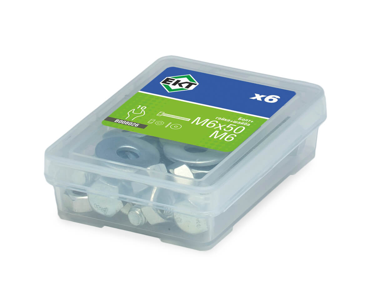 Болт с 6-гран. гол. M6х50, DIN933 в компл. с гайкой и усиленной шайбой М6, цинк (упак/6шт)