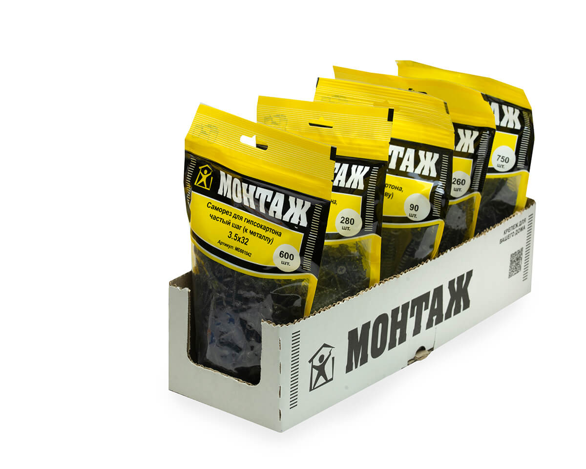 Саморез для гипсокартона 3.5x32, частый шаг (к металлу), фосфат, дой-пак L, МОНТАЖ (пакет/600шт)