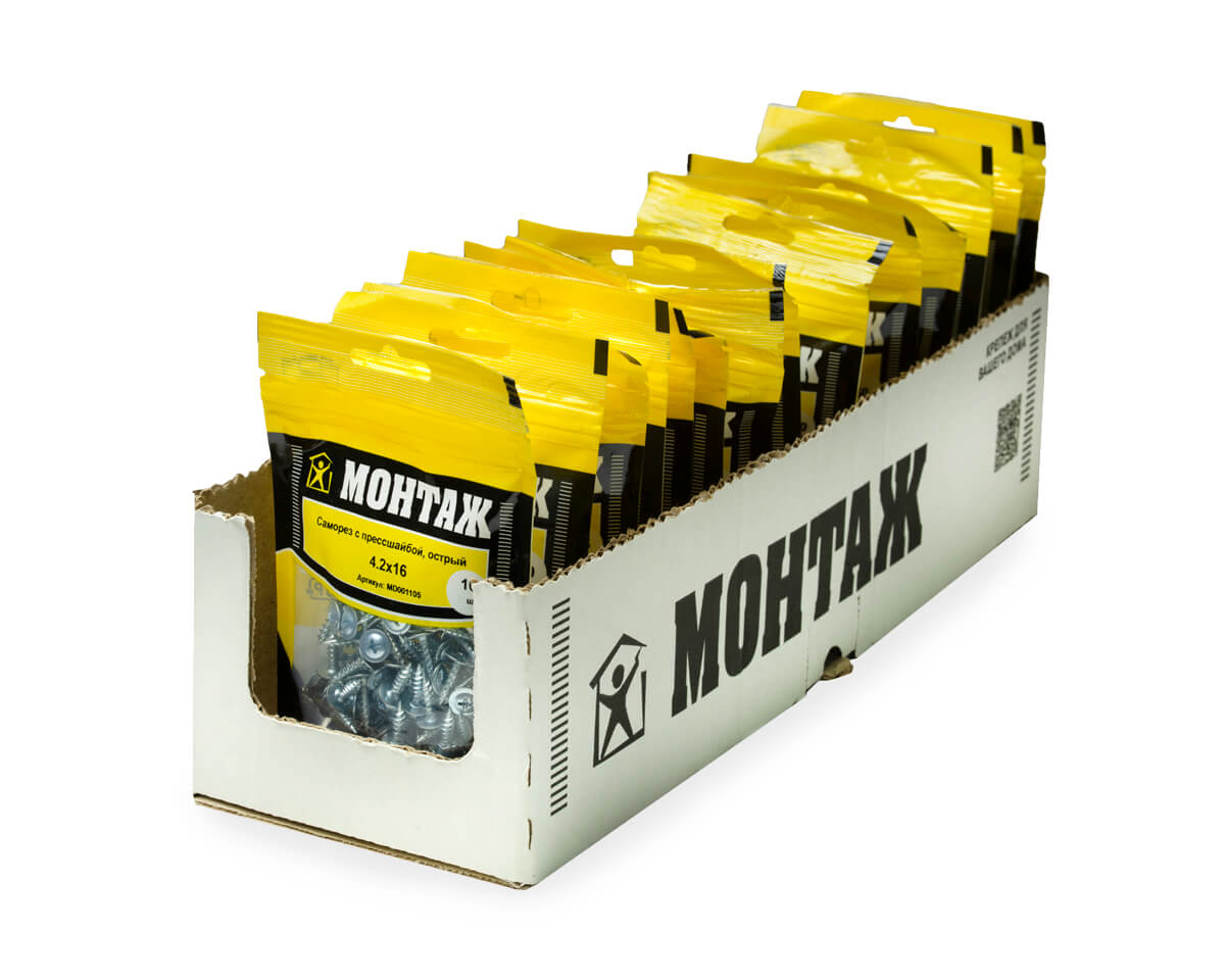 Саморез с прессшайбой 4.2x16, острый, цинк, дой-пак S, МОНТАЖ (пакет/100шт)