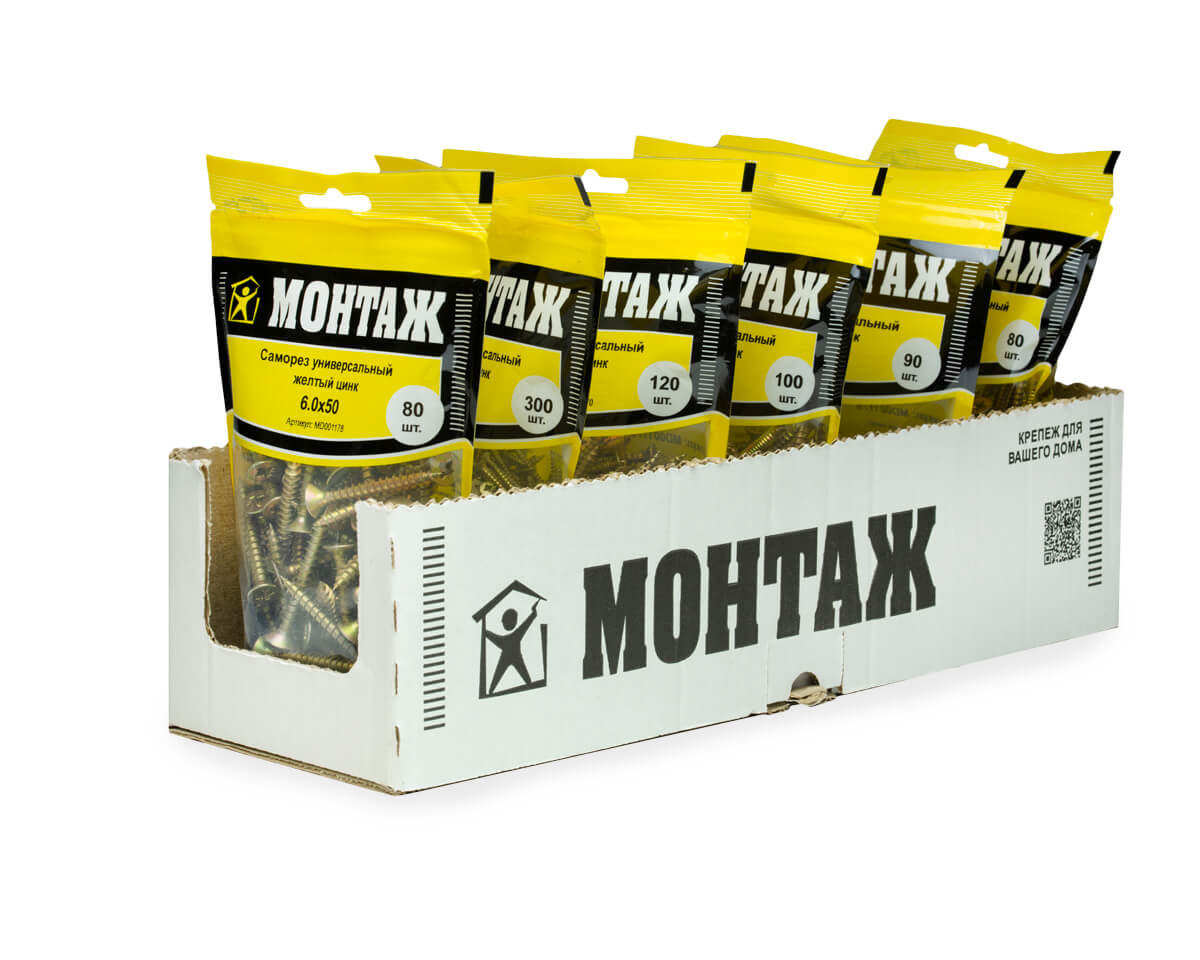 Саморез универсальный 6.0x50, желтый цинк, дой-пак M, МОНТАЖ (пакет/80шт)
