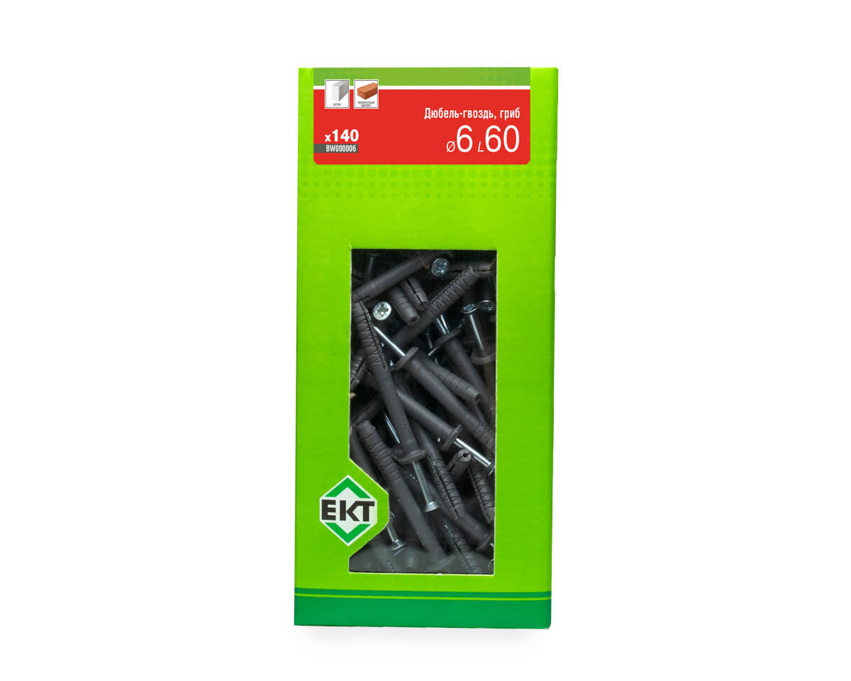 Дюбель-гвоздь GL, 6x60 гриб, п/п, ЕКТ (кор. с окном/140шт)
