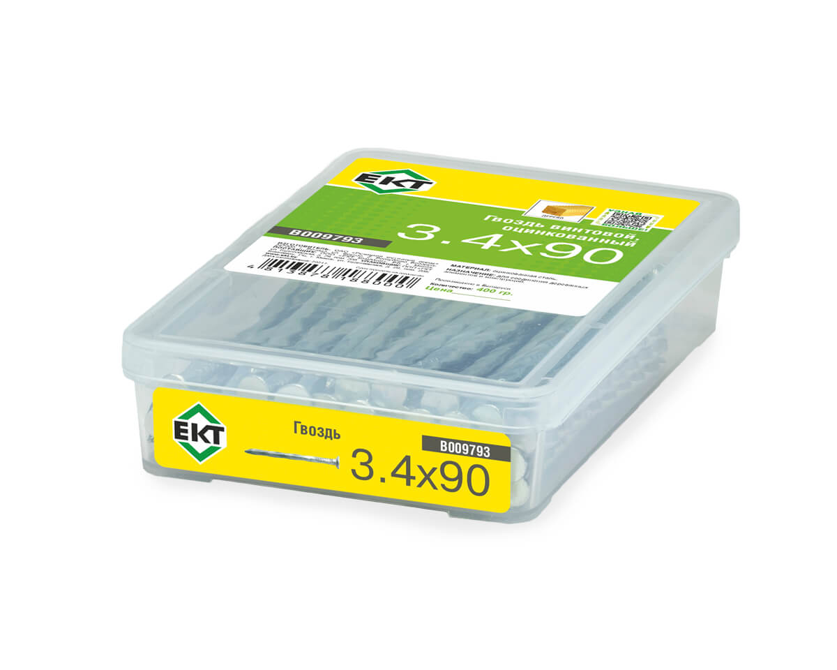 Гвоздь винтовой, 3.4х90, цинк, в пласт.контейнере, ЕКТ (упак/0.4кг)
