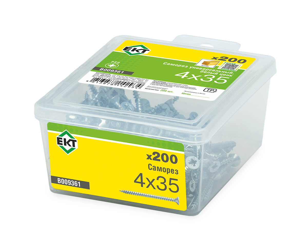 Саморез универсальный 4.0х35, белый цинк в пласт. контейнере (упак/200шт) ЕКТ