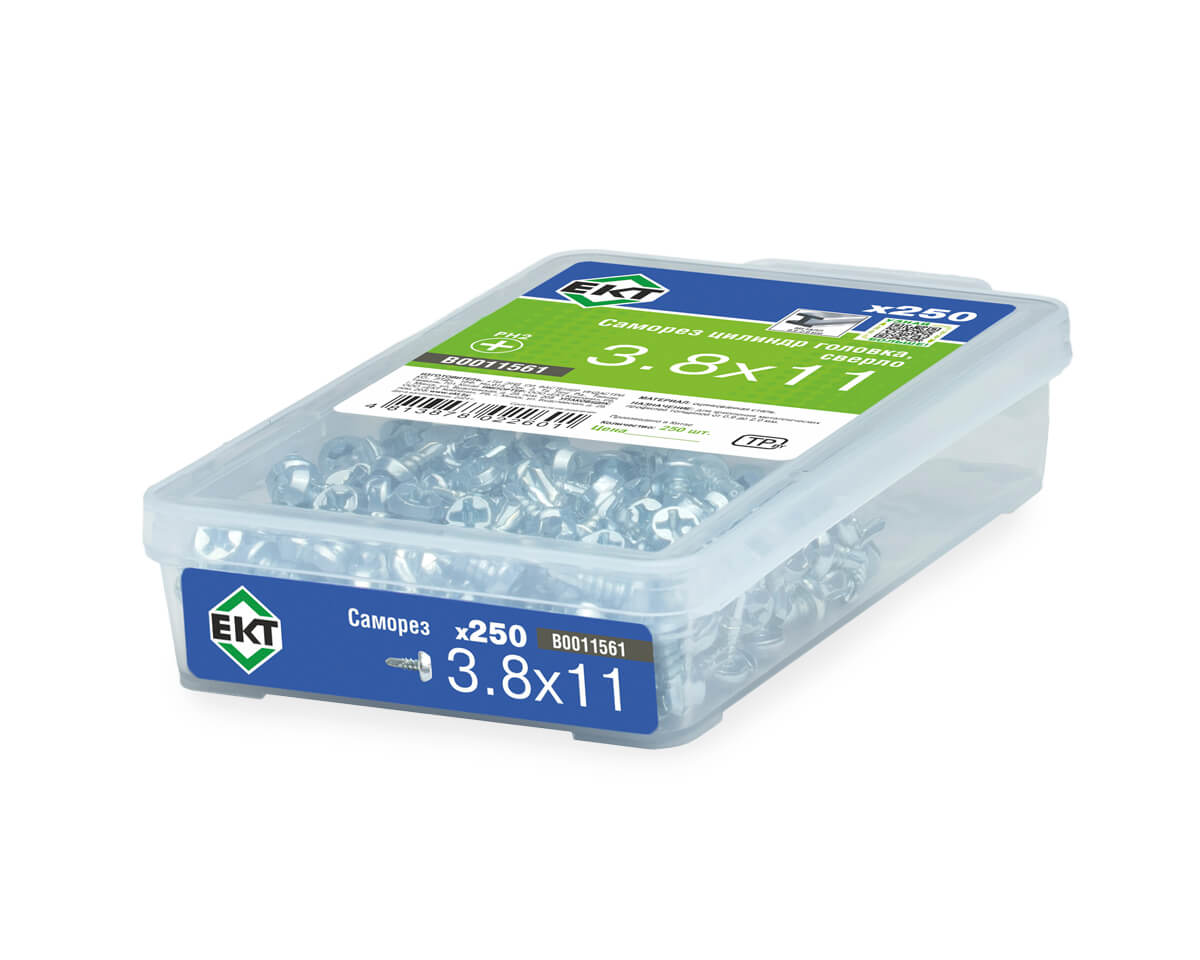 Саморез с цилиндрической головкой, 3,8х11, сверло, цинк, в пласт. контейнере (упак/250шт)