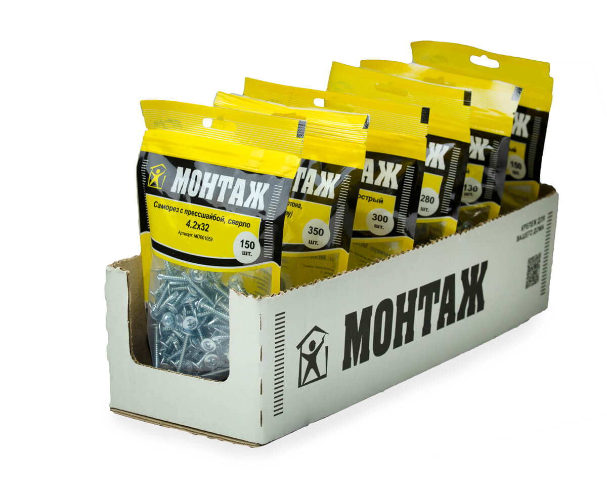 Саморез с прессшайбой 4.2x32, сверло, цинк, дой-пак M, МОНТАЖ (пакет/150шт)