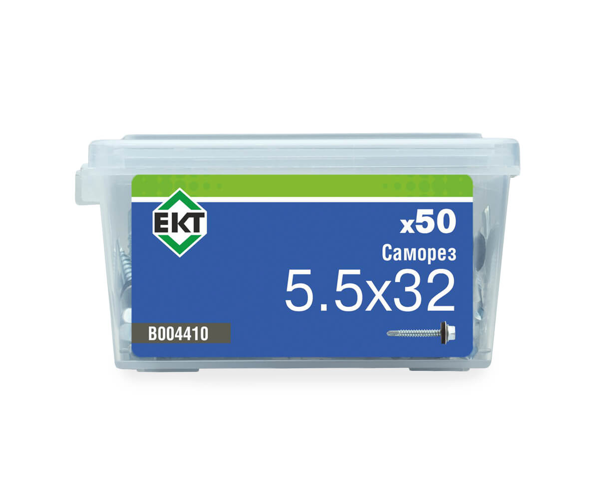 Саморез кровельный 5,5х32 сверло, цинк, с резиновой прокладкой, в пласт. контейнере (упак/50шт)