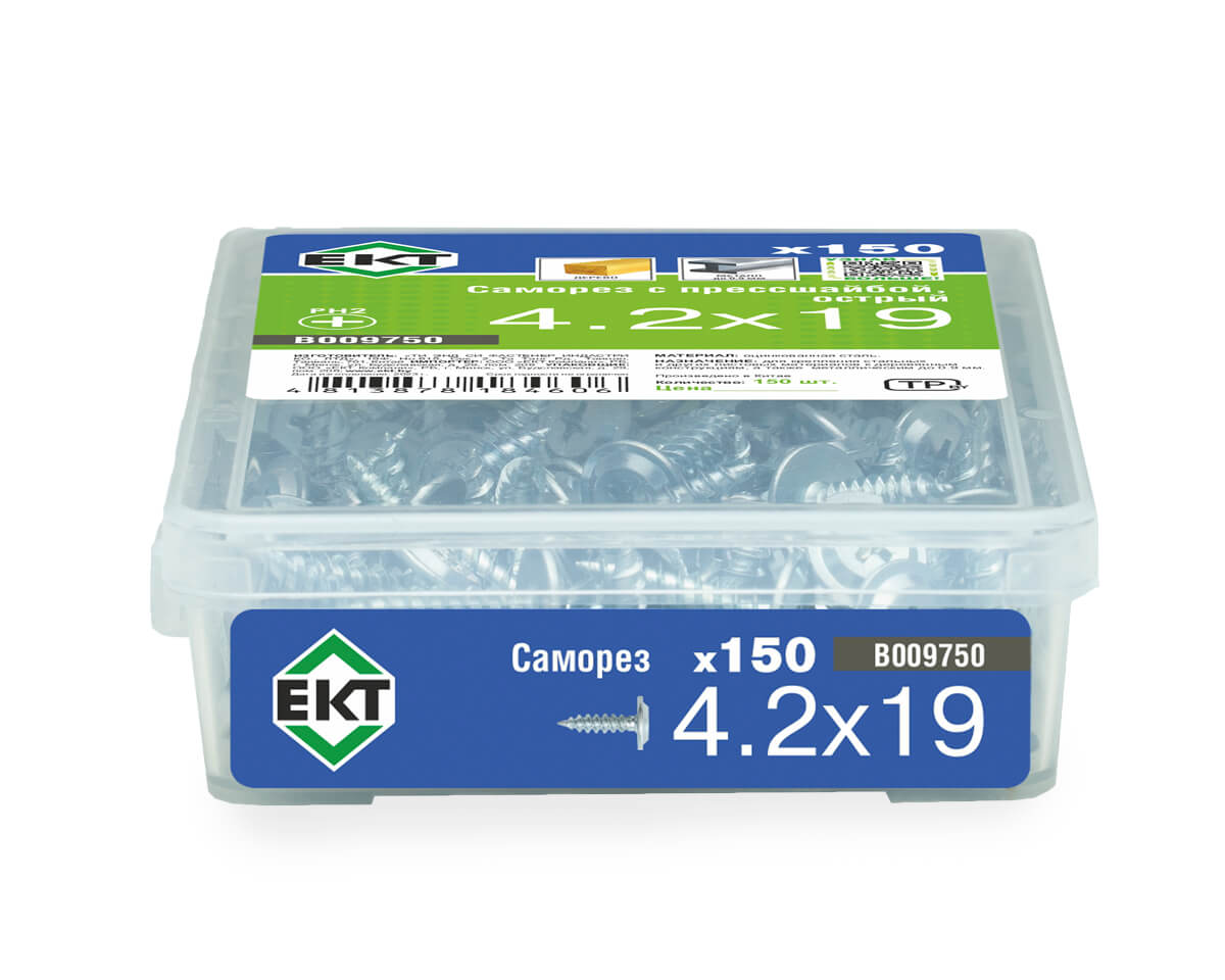 Саморез с прессшайбой, 4.2x19 острый, цинк,в пласт.контейнере, ЕКТ (упак/150шт)