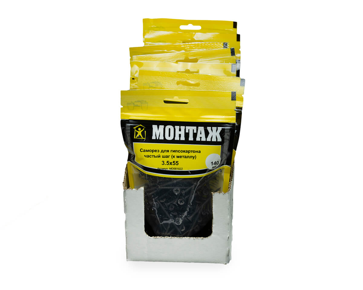 Саморез для гипсокартона 3.5x55, частый шаг (к металлу), фосфат, дой-пак M, МОНТАЖ (пакет/140шт)