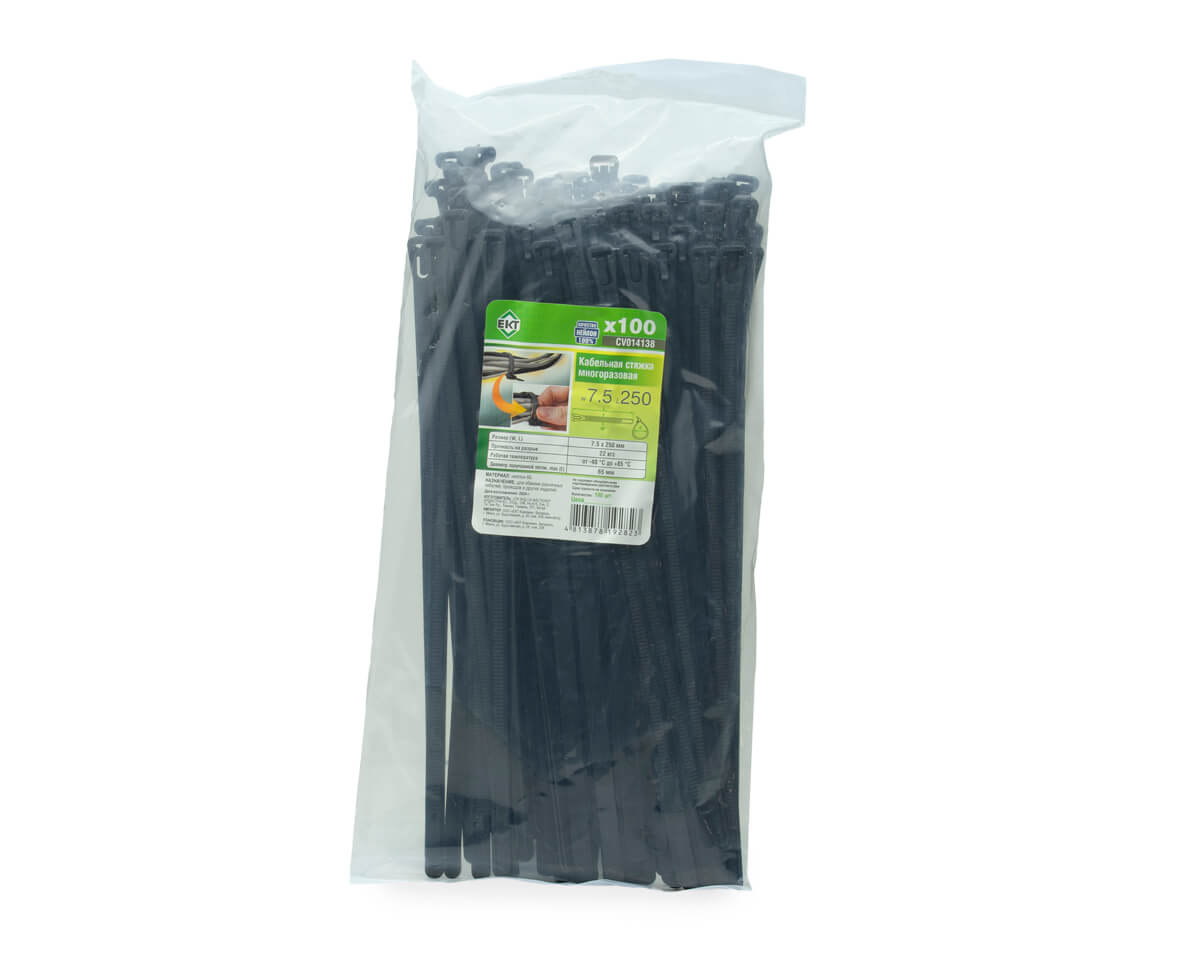 Кабельная стяжка многоразовая 7.5х250, черная (упак/100шт)