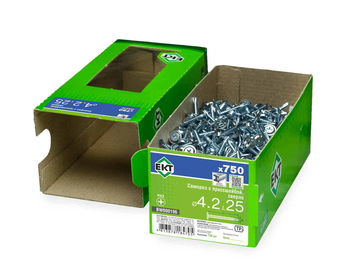 Саморез с прессшайбой, 4.2x25 сверло, цинк, в коробке с окном, ЕКТ (упак/750шт)