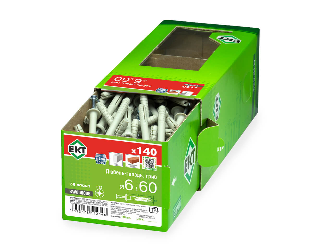 Дюбель-гвоздь GL, 6x60 гриб, нейлон, ЕКТ (кор. с окном/140шт)