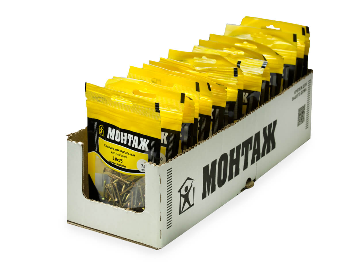 Саморез универсальный 3.0x25, желтый цинк, дой-пак S, МОНТАЖ (пакет/75шт)