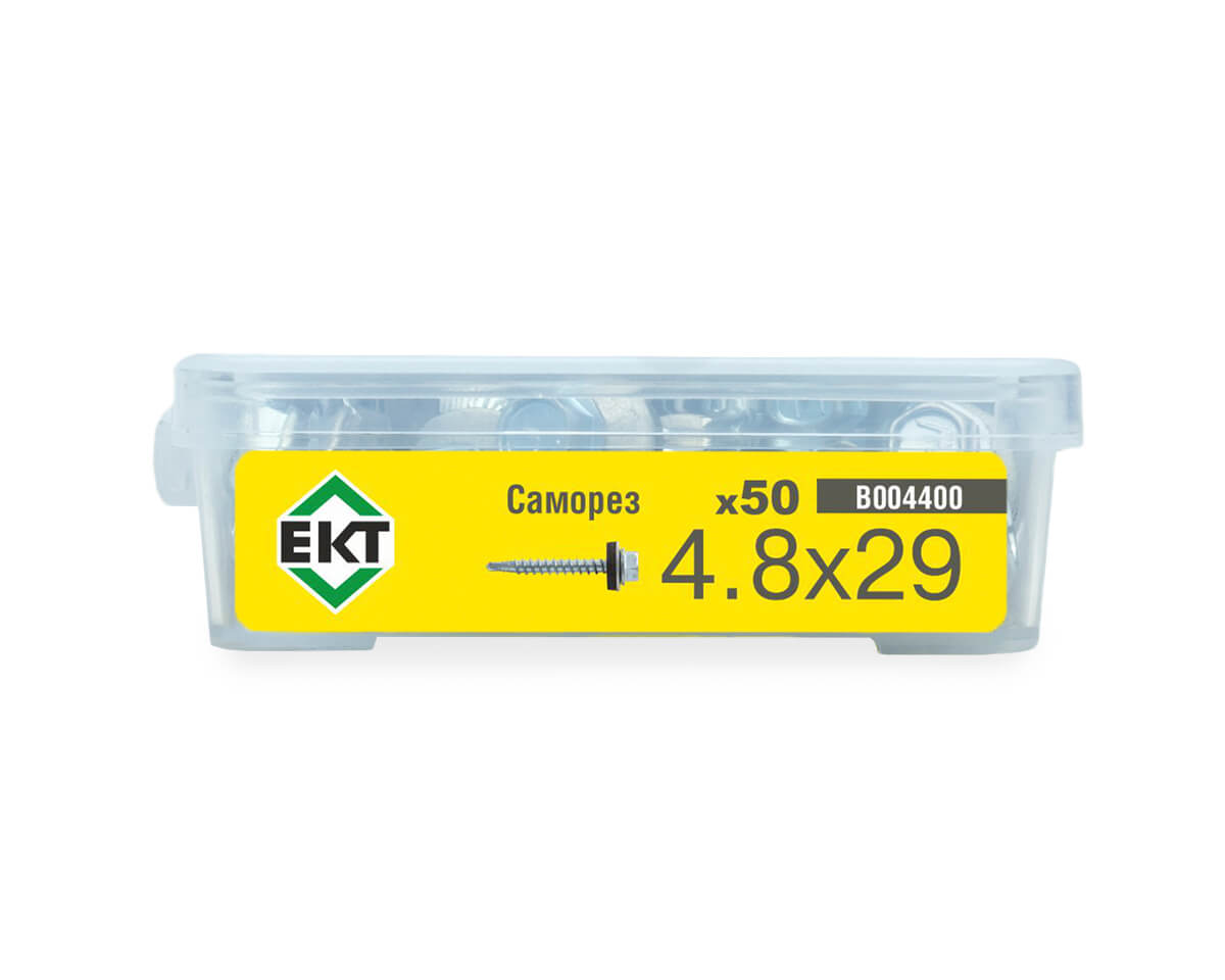 Саморез кровельный 4,8х29 сверло, цинк, с резиновой прокладкой, в пласт. контейнере (упак/50шт)