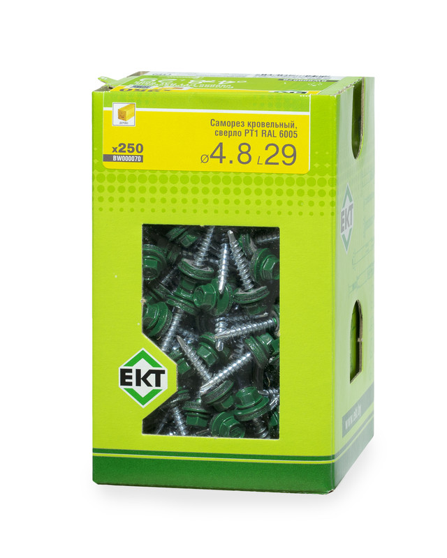 Саморез кровельный с резин. прокл. 4.8х29 сверло PT1, RAL 6005, в коробке с окном, ЕКТ (упак/250шт)