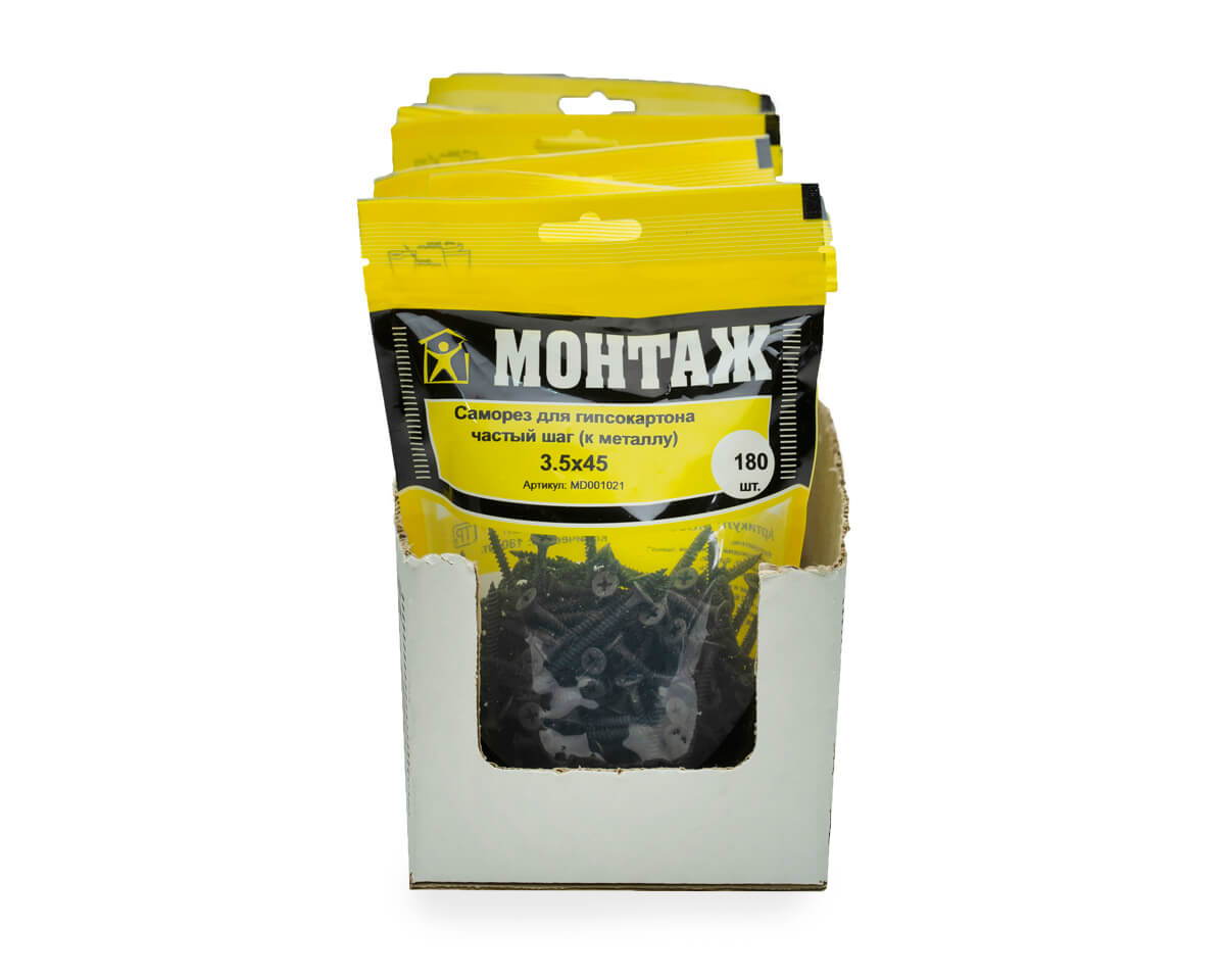 Саморез для гипсокартона 3.5x45, частый шаг (к металлу), фосфат, дой-пак M, МОНТАЖ (пакет/180шт)