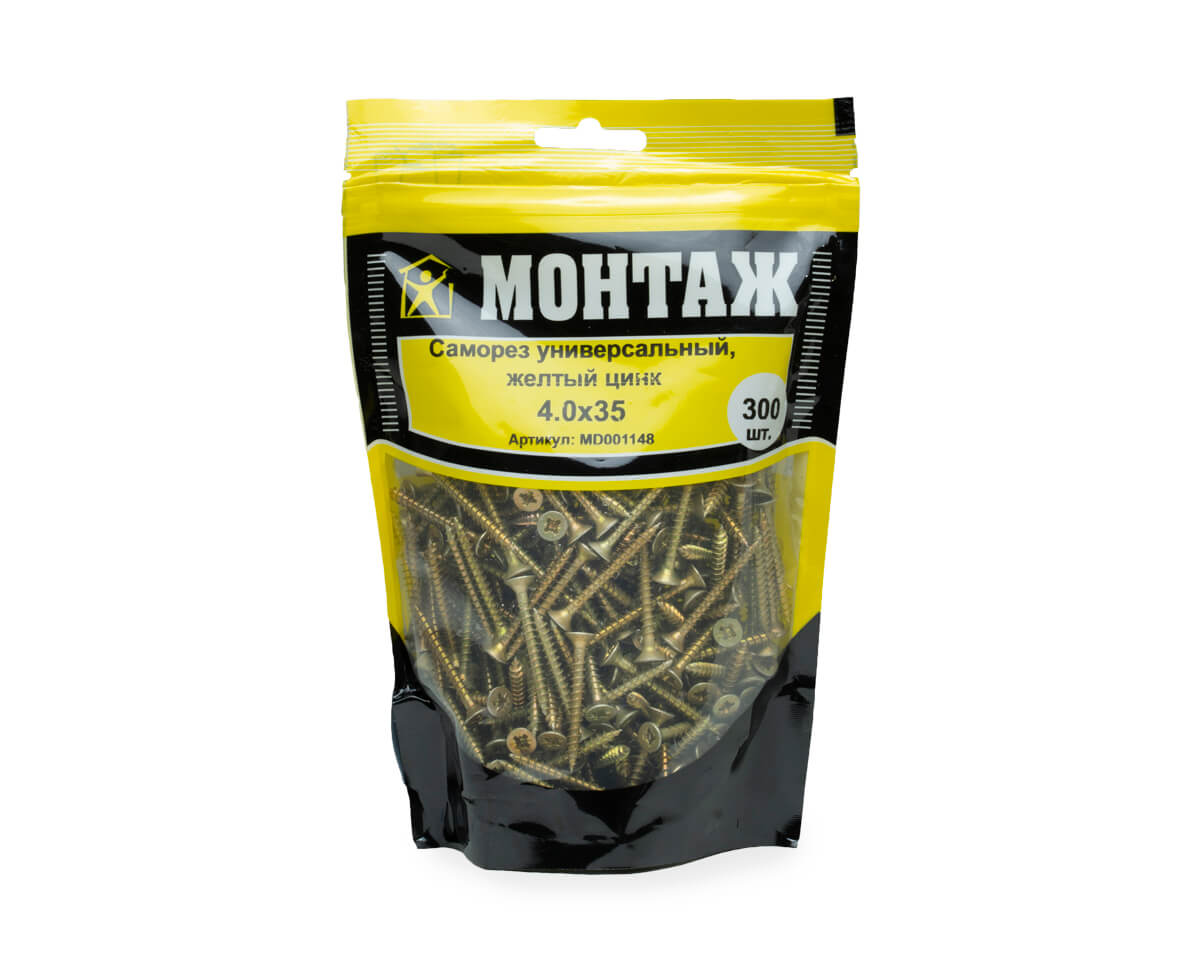 Саморез универсальный 4.0x35, желтый цинк, дой-пак M, МОНТАЖ (пакет/300шт)