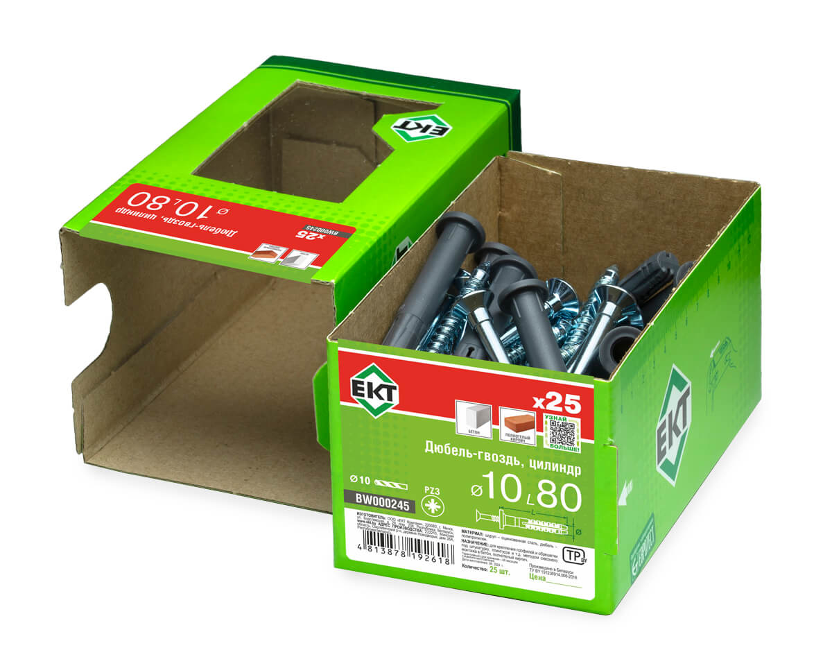 Дюбель-гвоздь GL, 10x80 цилиндр, п/п, ЕКТ (кор. с окном/25шт)