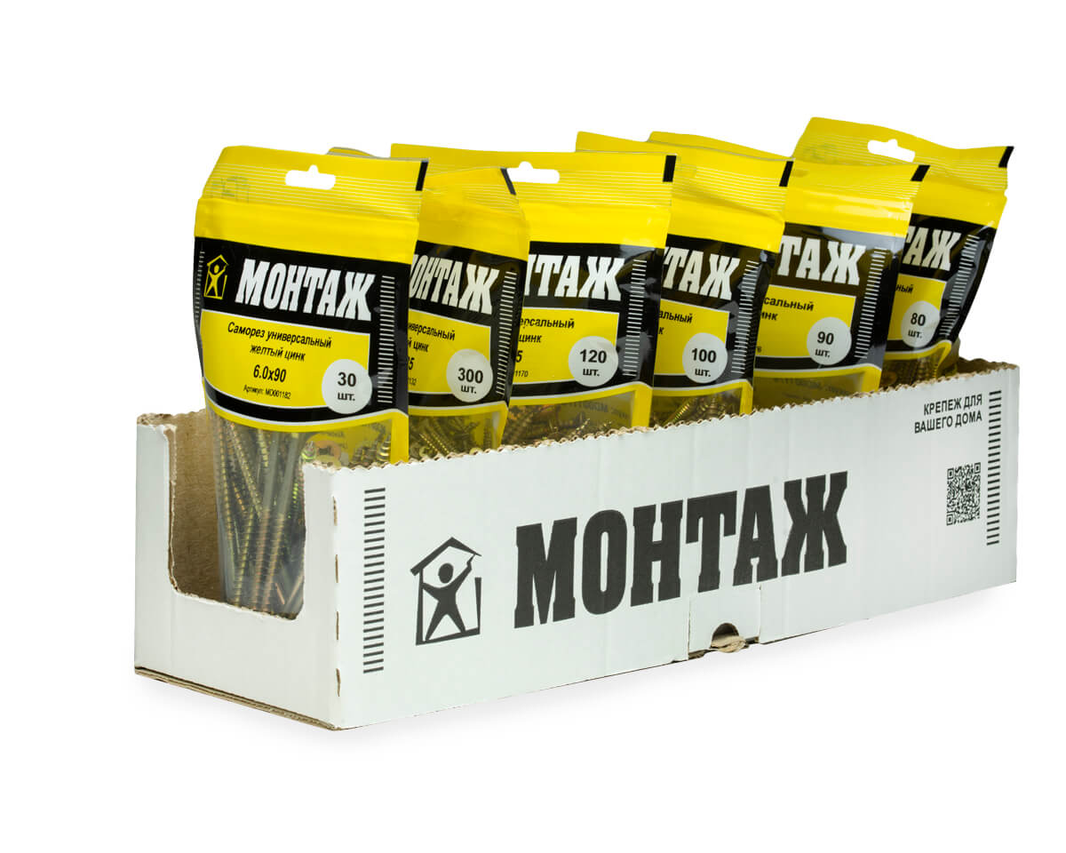 Саморез универсальный 6.0x90, желтый цинк, дой-пак M, МОНТАЖ (пакет/30шт)
