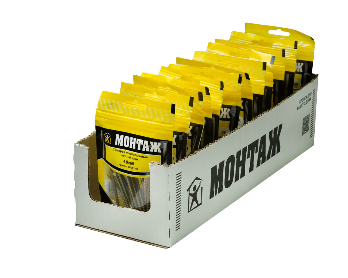 Саморез универсальный 4.0x60, желтый цинк, дой-пак S, МОНТАЖ (пакет/25шт)