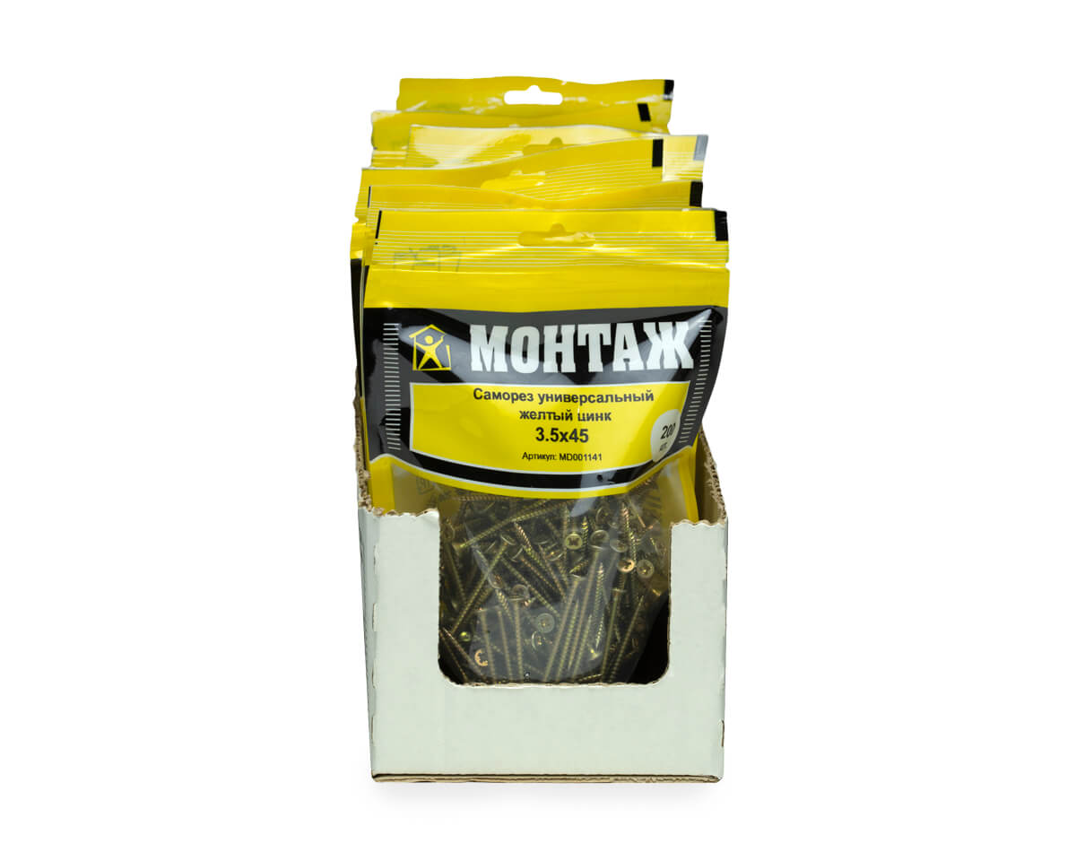 Саморез универсальный 3.5x45, желтый цинк, дой-пак M, МОНТАЖ (пакет/200шт)