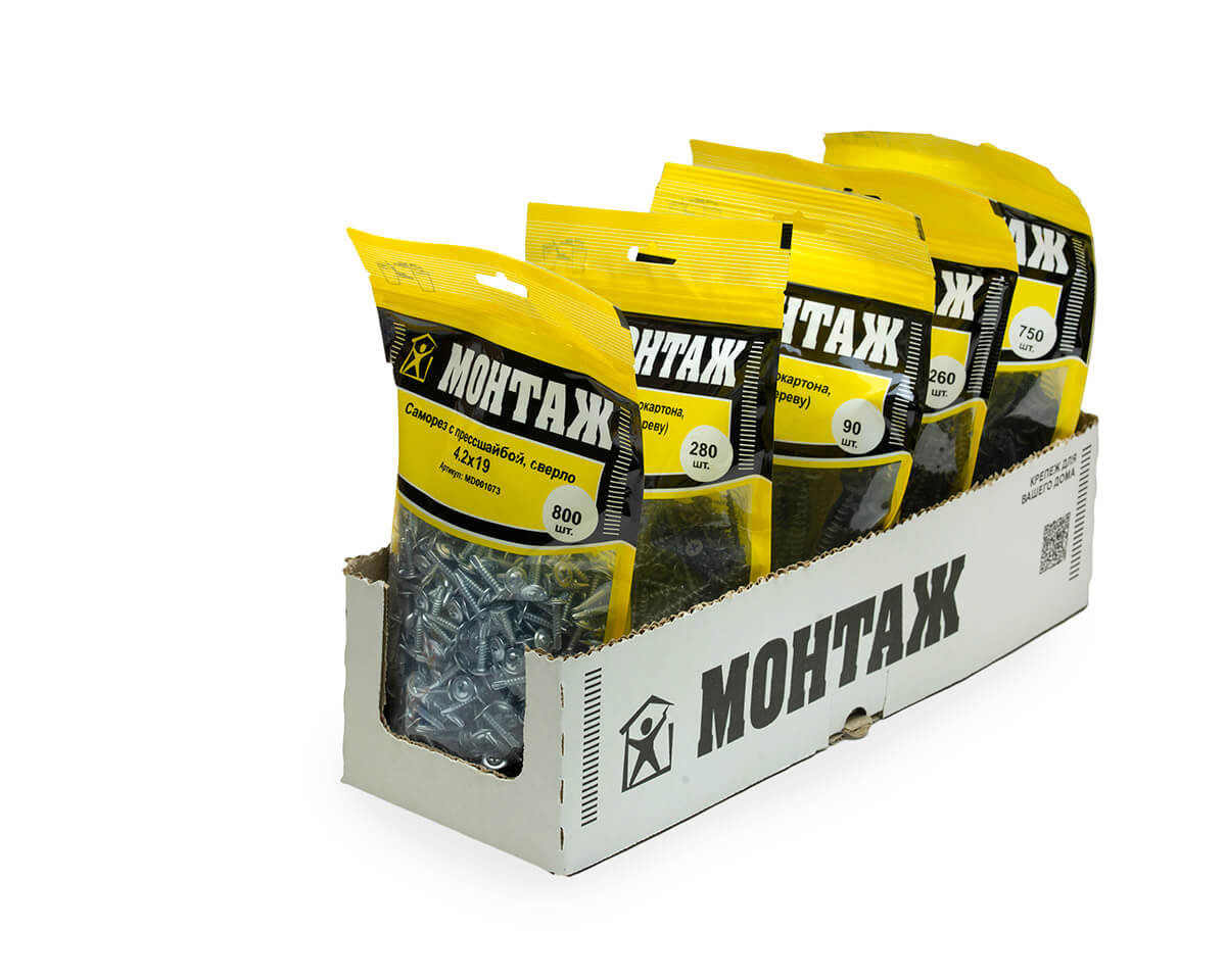 Саморез с прессшайбой 4.2x19, сверло, цинк, дой-пак L, МОНТАЖ (пакет/800шт)