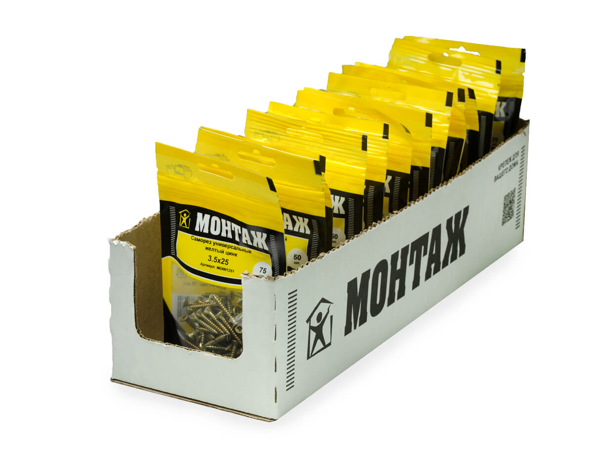 Саморез универсальный 3.5x25, желтый цинк, дой-пак S, МОНТАЖ (пакет/75шт)