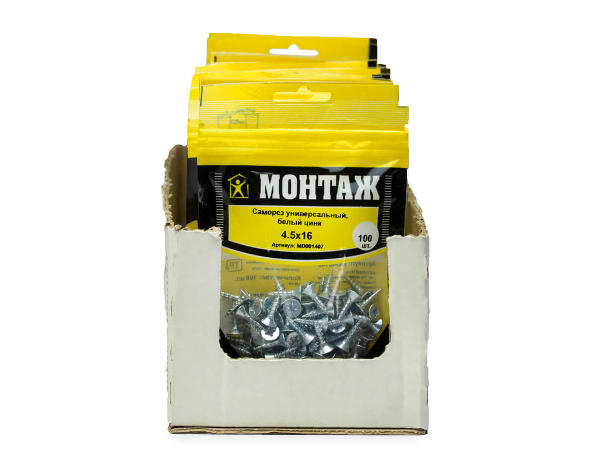 Саморез универсальный 4.5x16, белый цинк, дой-пак S, МОНТАЖ (пакет/100шт)