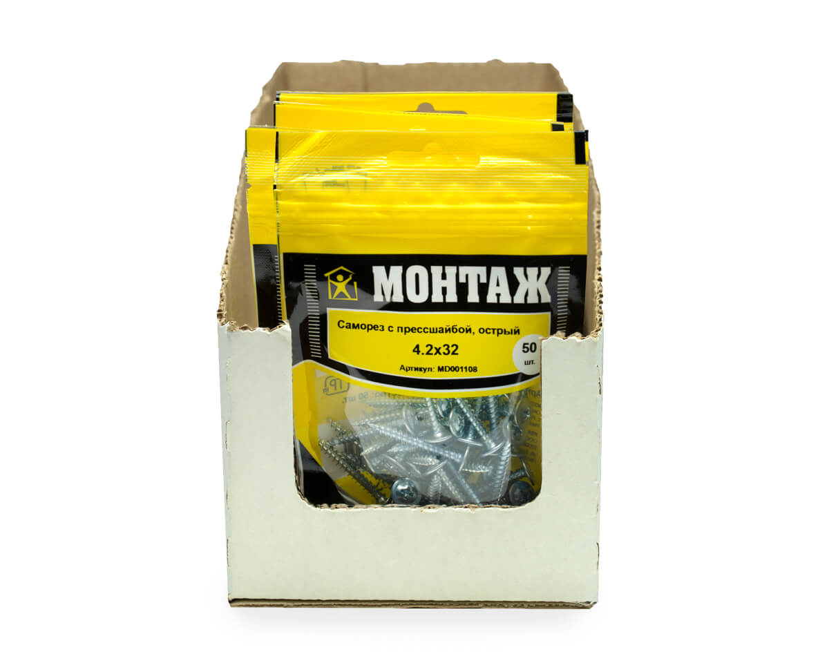Саморез с прессшайбой 4.2x32, острый, цинк, дой-пак S, МОНТАЖ (пакет/50шт)