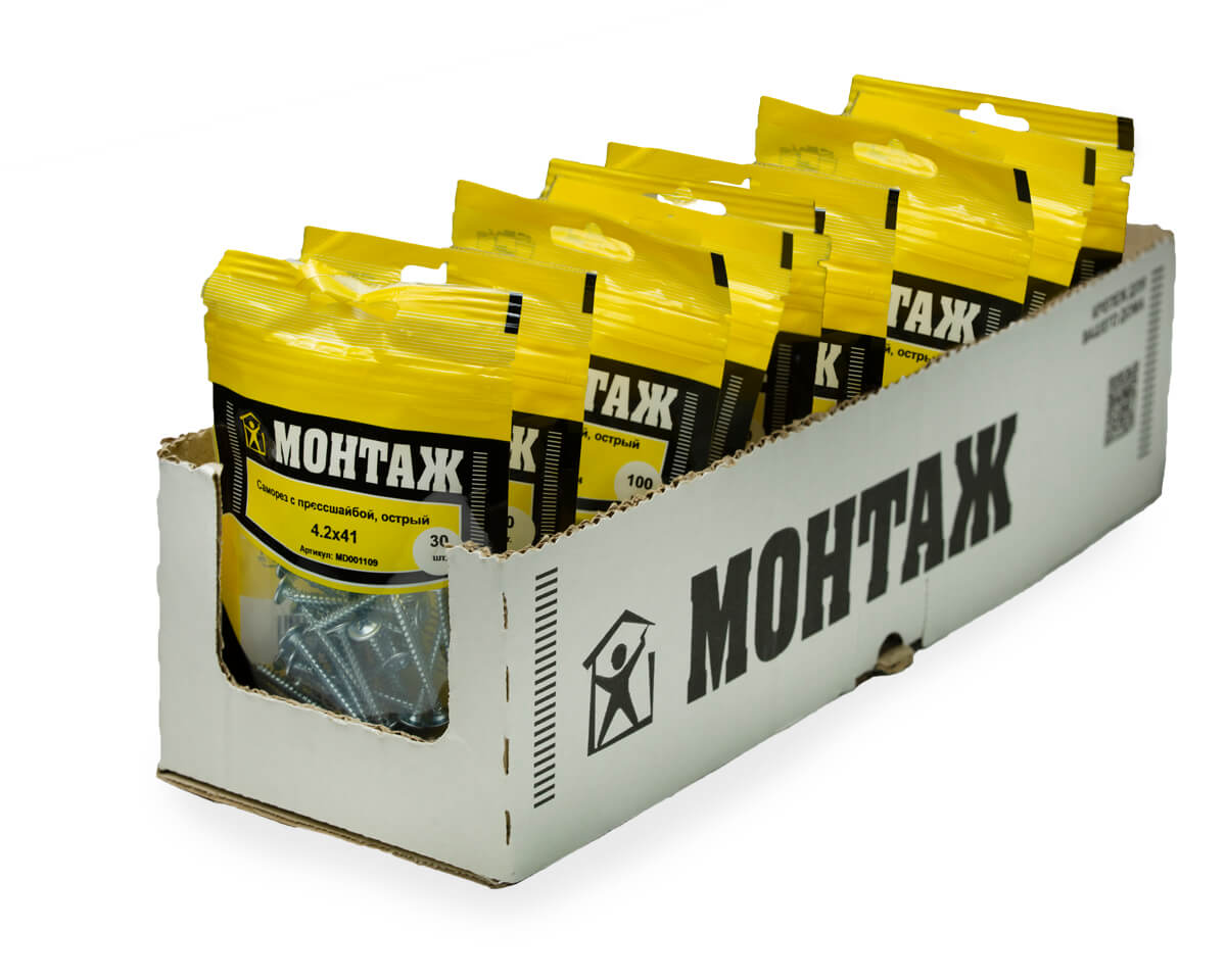 Саморез с прессшайбой 4.2x41, острый, цинк, дой-пак S, МОНТАЖ (пакет/30шт)