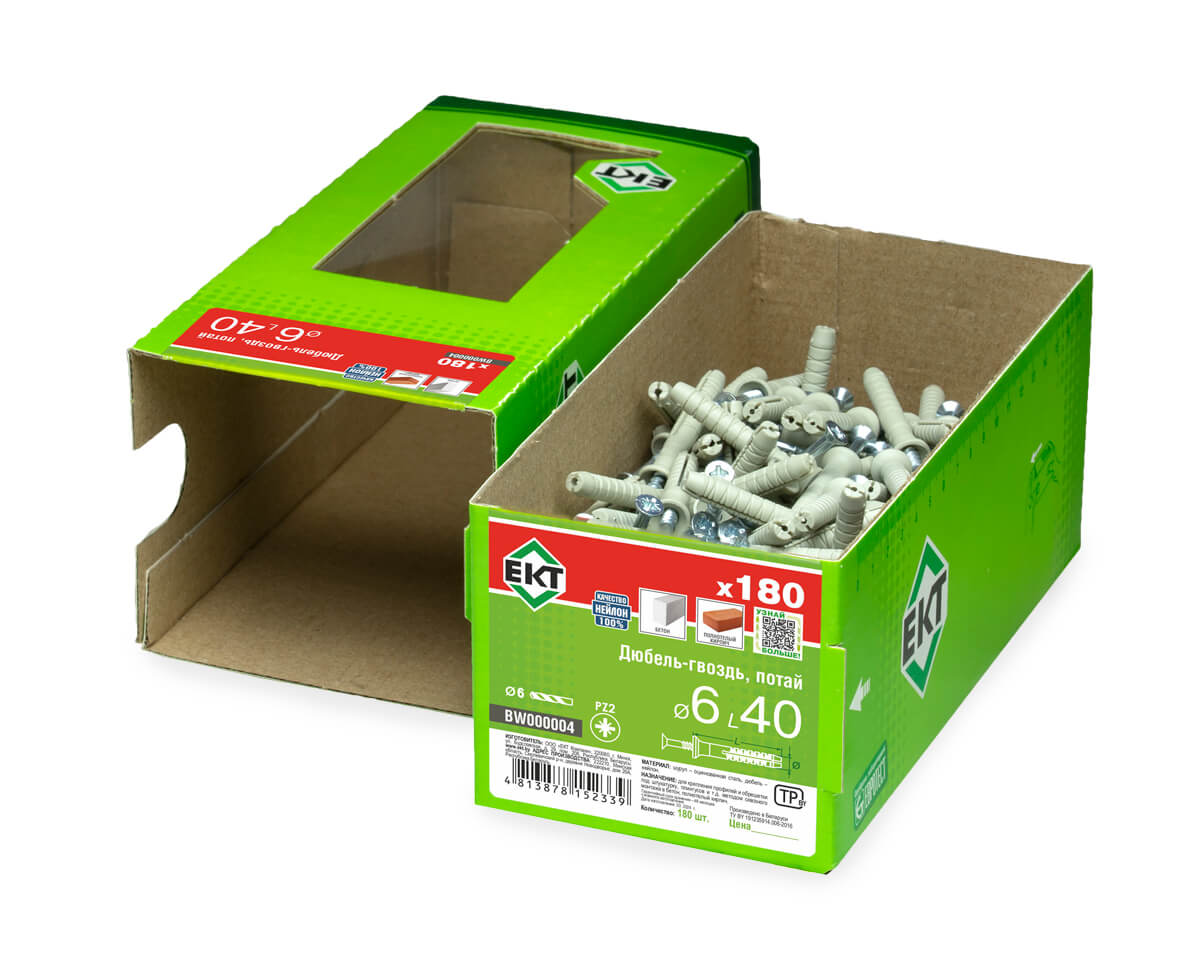 Дюбель-гвоздь GL, 6x40 потай, нейлон, ЕКТ (кор. с окном/180шт)