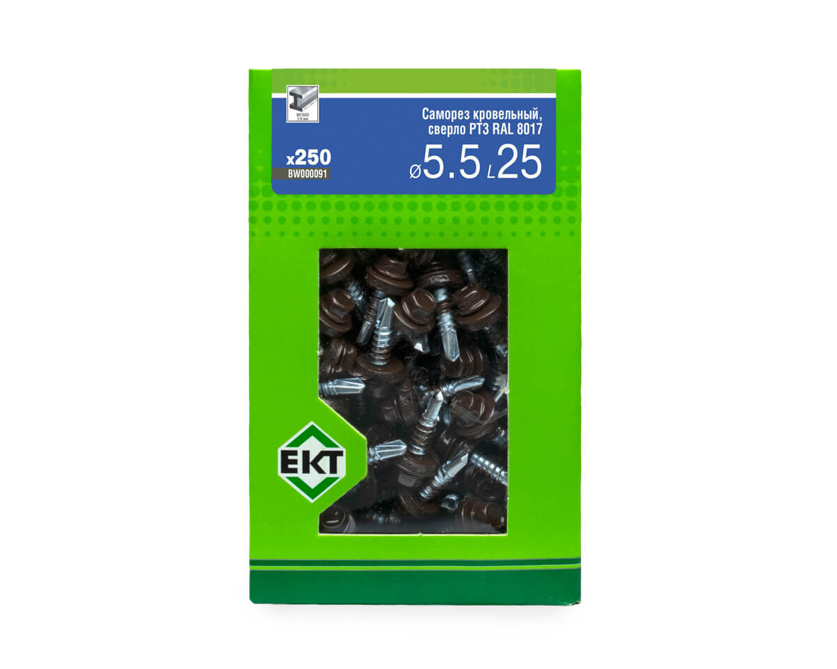 Саморез кровельный с резин. прокл. 5.5х25 сверло PT3, RAL 8017, в коробке с окном, ЕКТ (упак/250шт)